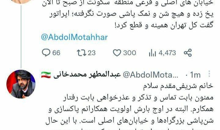 عذرخواهی شهرداری از تهرانی‌ها: حجم برف سنگین و تردد در معابر زیاد بود!