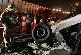 واژگونی پژو ۲۰۶ در بزرگراه حکیم با دو کشته